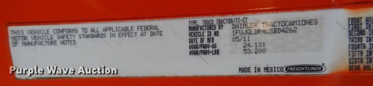 image for item DK0311 2012 Freightliner Cascadia  semi truck