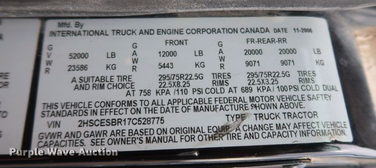image for item DK3677 2007 International 9200i Eagle  semi truck