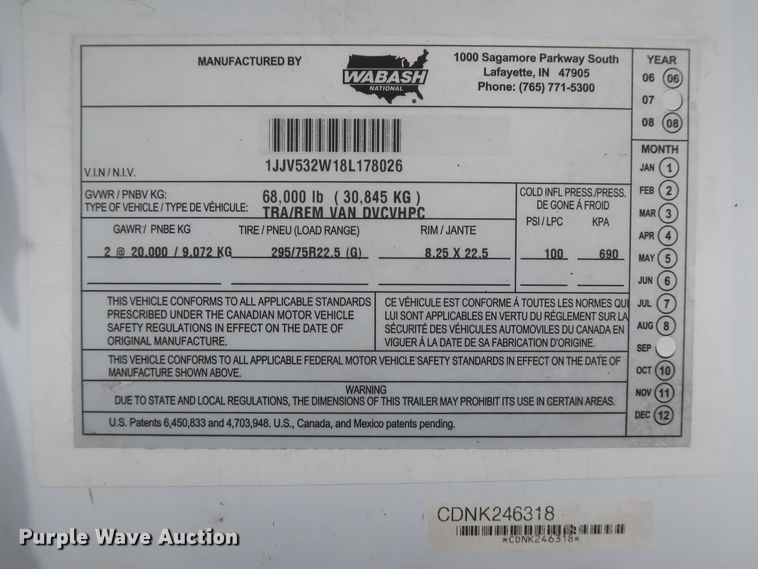 image for item IY9157 2008 Wabash  dry van trailer