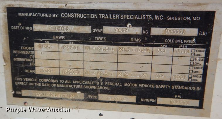 image for item KP9261 2003 Construction Trailer Specialists  bottom dump trailer