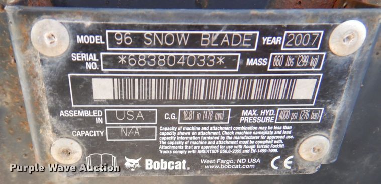 image for item DM6018 Bobcat 96" W skid steer snow plow