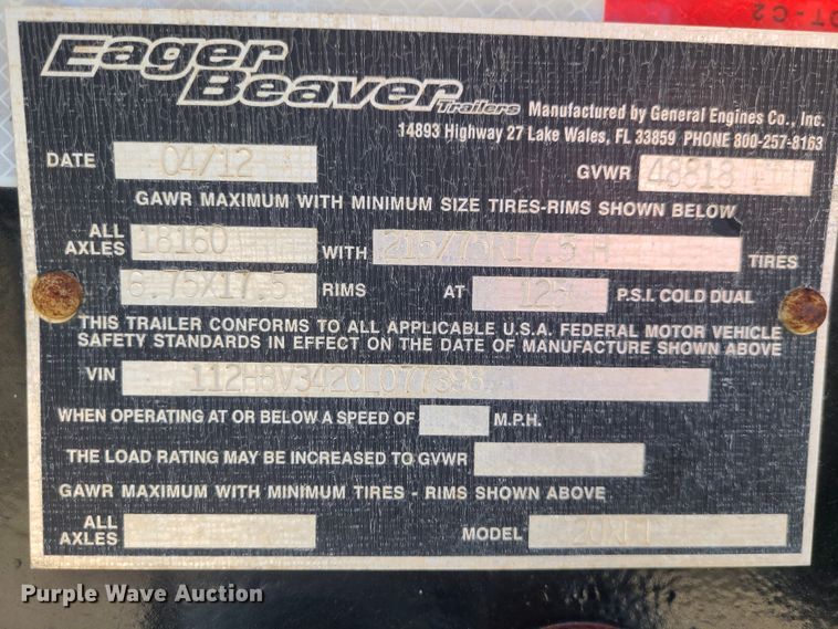 image for item IF9473 2012 Eager Beaver 20XPT  equipment trailer