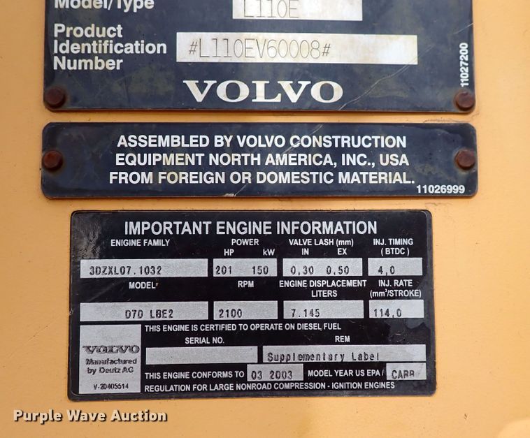 image for item DP4516 2003 Volvo L110E  wheel loader