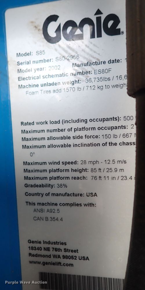 image for item DP4544 2002 Genie S85  boom lift