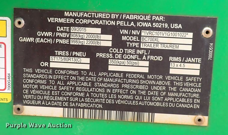 image for item HR9799 2016 Vermeer BC700XL  wood chipper