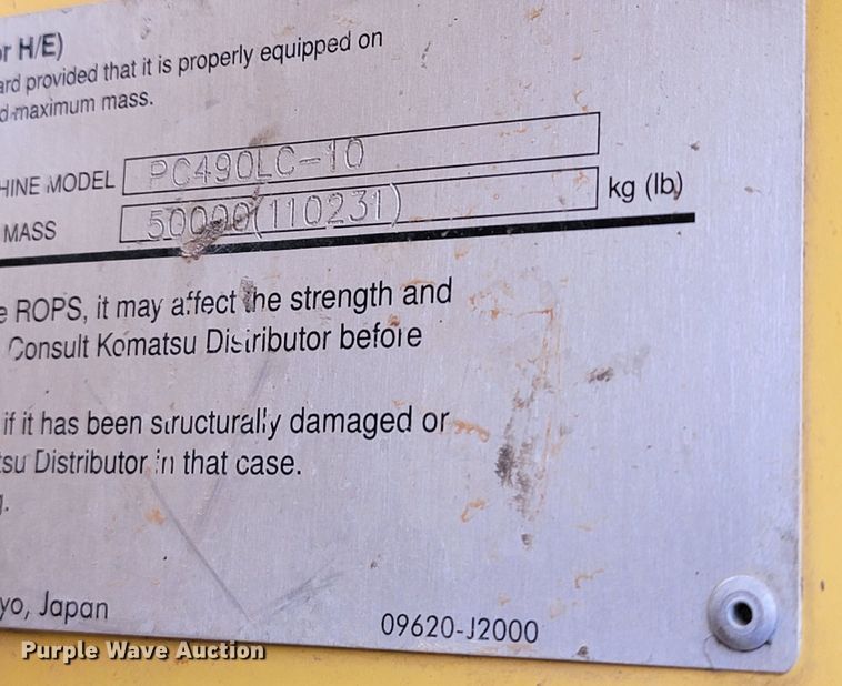 image for item JL9681 2012 Komatsu PC490LC-10  excavator