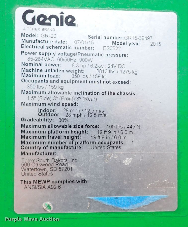 image for item JO9565 2015 Genie GR-20  vertical lift