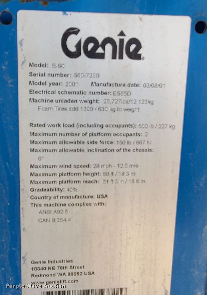 image for item KT9714 2001 Genie S60 boom lift