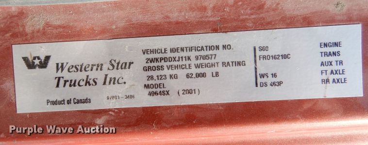image for item LJ9813 2001 Western Star 4964SX  vacuum truck