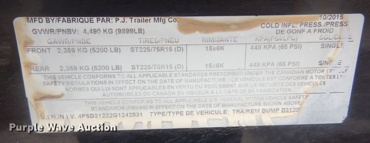 image for item MX9978 2016 PJ  dump trailer