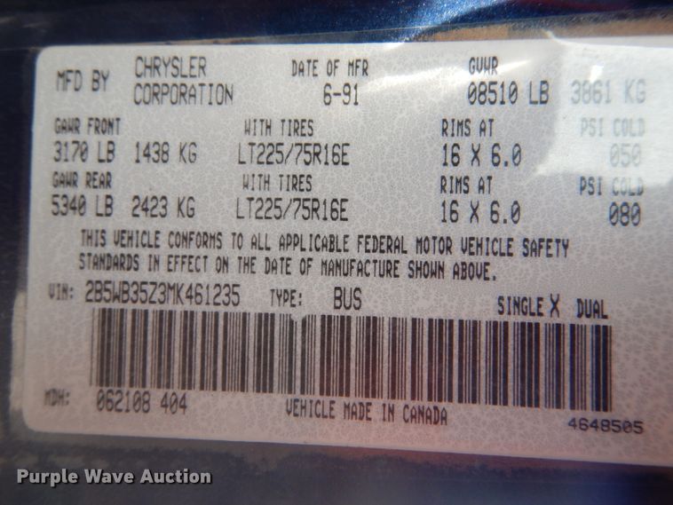 image for item LJ9837 1991 Dodge Ram Wagon 350  van