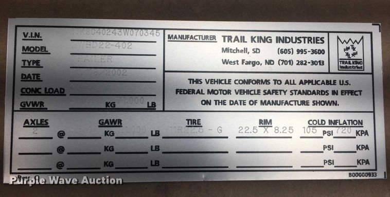 image for item DL5953 2003 Trail King  bottom dump trailer