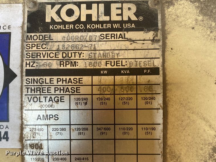 image for item JU9172 Kohler 400R0ZD71  generator