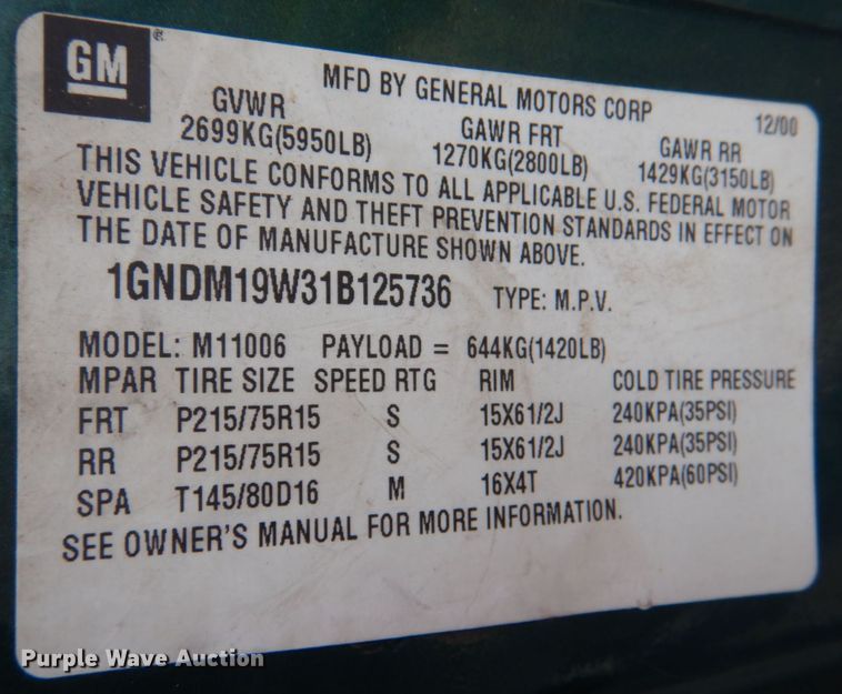 image for item KP9201 2001 Chevrolet Astro  van