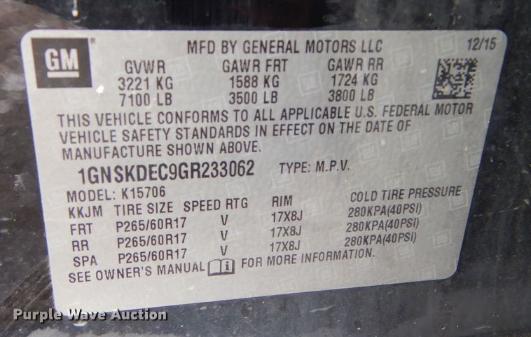 image for item KT9103 2016 Chevrolet Tahoe Police  SUV