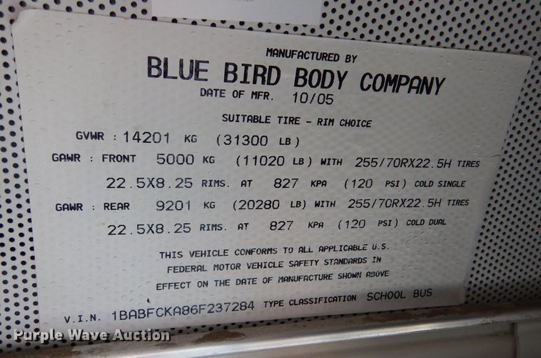 image for item LJ9887 2006 Blue Bird All American FE  school bus