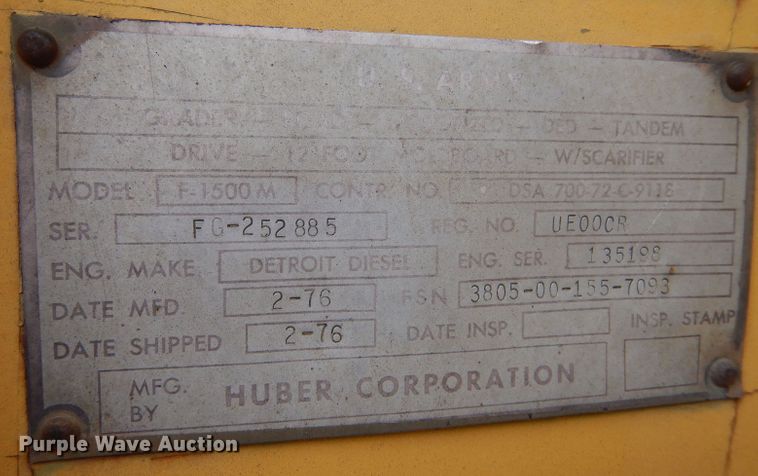 image for item LJ9946 1976 Huber F-1500M  rigid frame motor grader