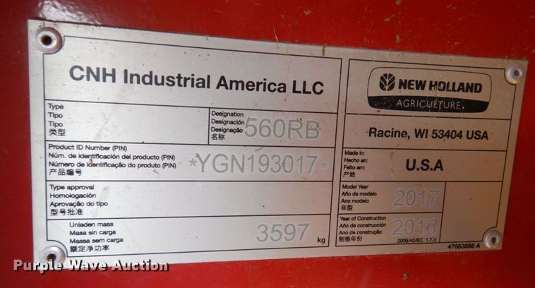 image for item DM6104 2017 New Holland Roll-Belt 560  round baler