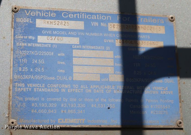 image for item DK3666 2000 Clement RKHS2825  end dump trailer