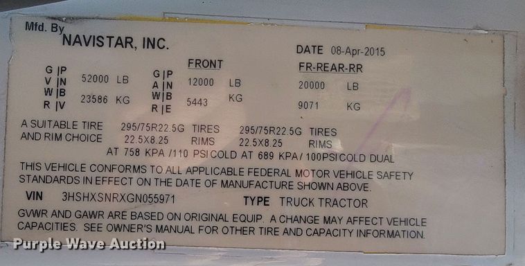 image for item JF9025 2016 International TranStar 8600  semi truck