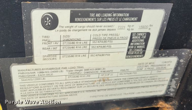 image for item BY9482 2017 Load Trail  equipment trailer