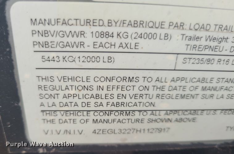 image for item BY9482 2017 Load Trail  equipment trailer