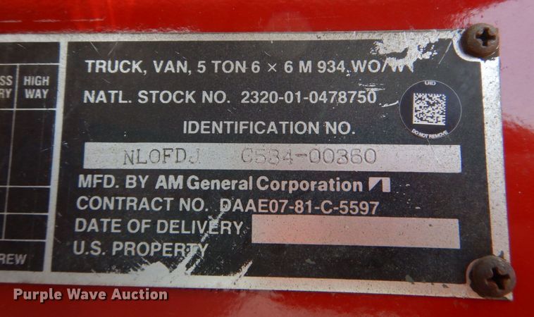 image for item DM3892 1985 Am General M934  truck cab and chassis