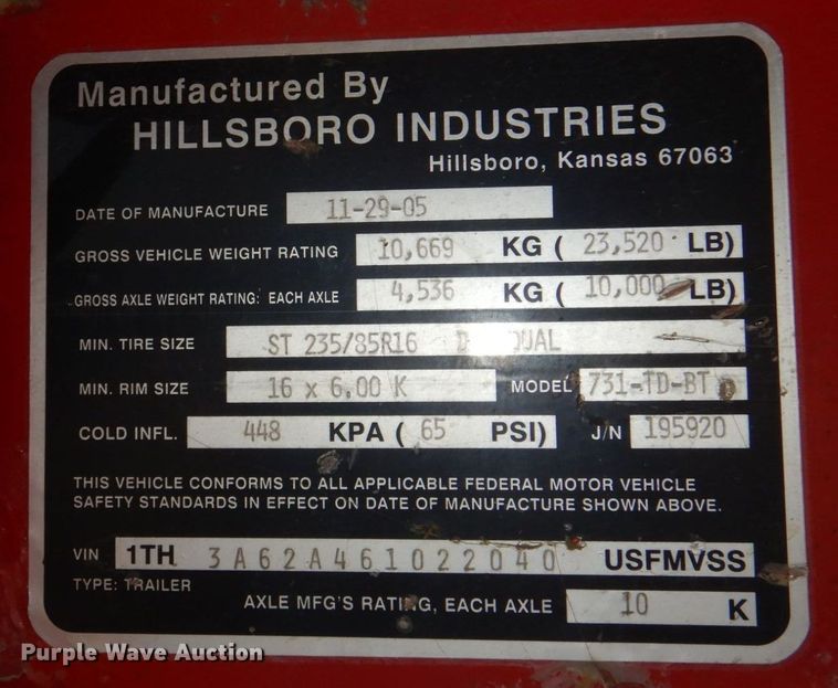 image for item DN7293 2006 Hillsboro  equipment trailer