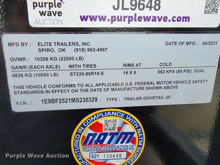 image for item JL9648 2021 Elite  equipment trailer