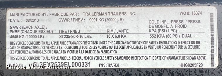 image for item JQ9052 2014 Trailerman  equipment trailer