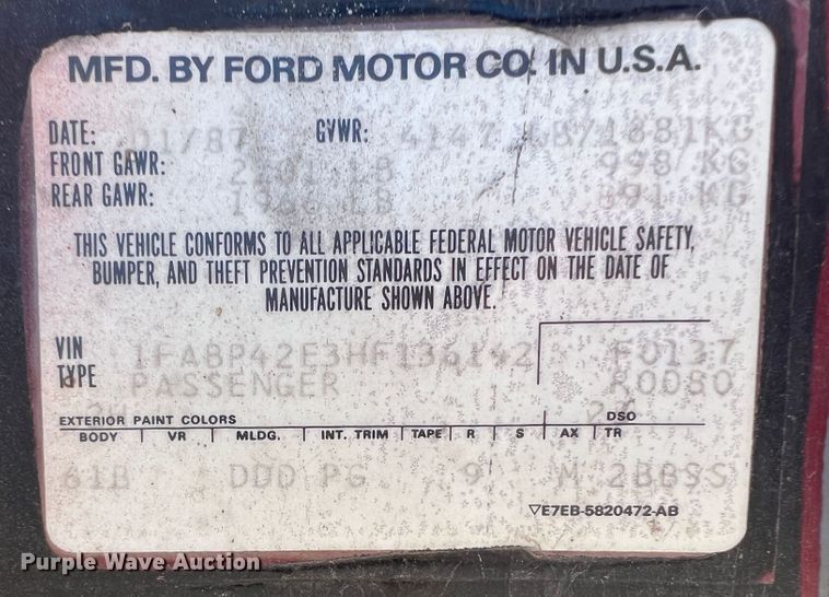 image for item JQ9065 1987 Ford Mustang GT