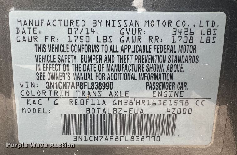 image for item KG9905 2015 Nissan Versa