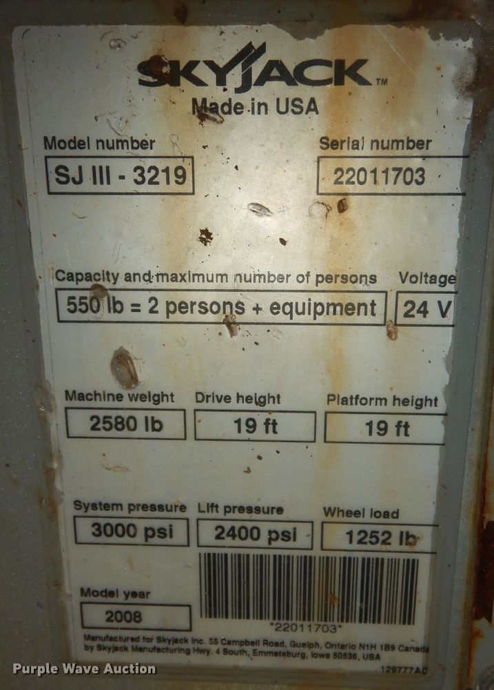 image for item KM9683 2008 Skyjack SJIII 3219  scissor lift