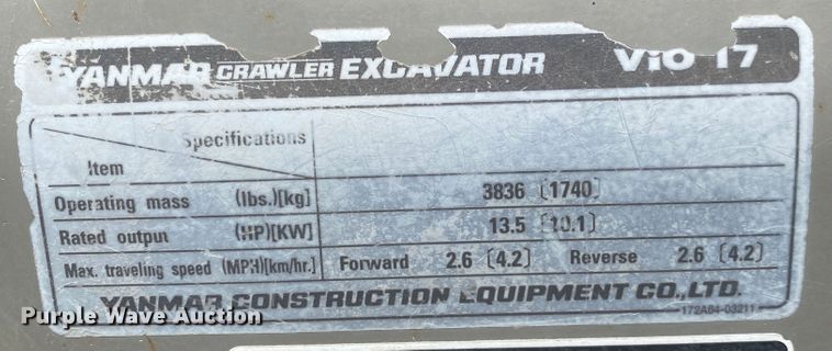 image for item DM4077 Yanmar VI017  mini excavator