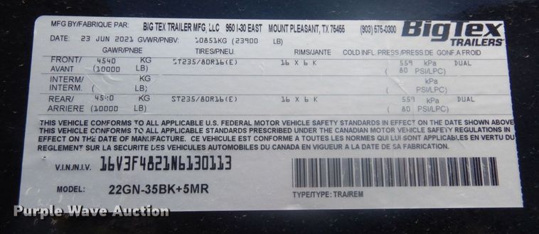 image for item DM5414 2022 Big Tex 22GN-35BK-5MR  equipment trailer