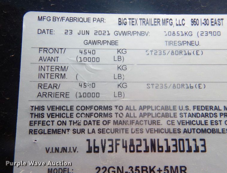 image for item DM5414 2022 Big Tex 22GN-35BK-5MR  equipment trailer