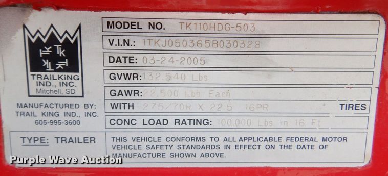 image for item DM6126 2005 Trail King TK110HDG-503  lowboy equipment trailer