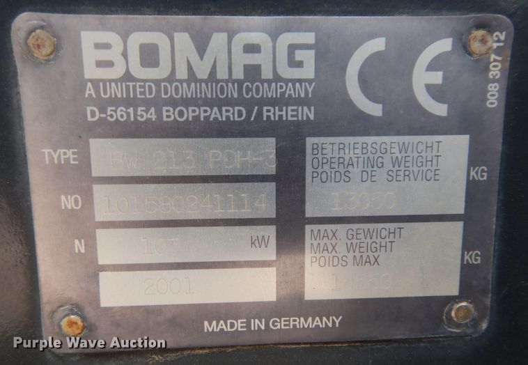 image for item DP3949 2001 Bomag BW213PDH-3  single drum roller