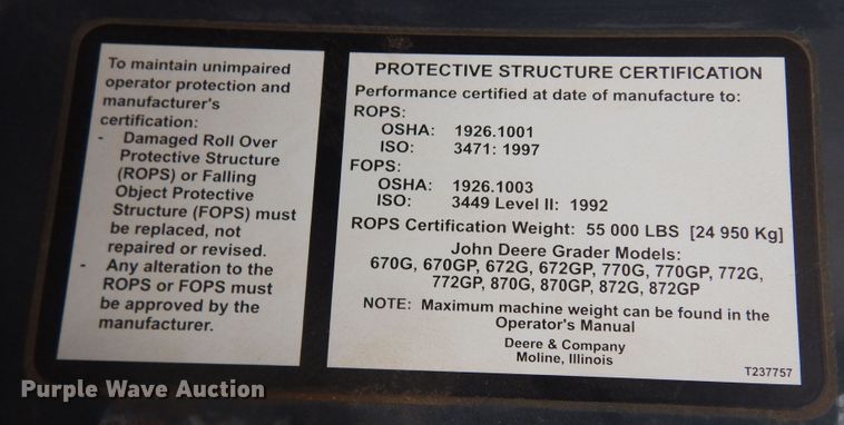 image for item DP3951 2012 John Deere 672G motor grader