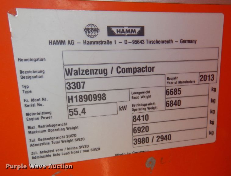 image for item DP3964 2013 Hamm 3307  single drum vibratory roller