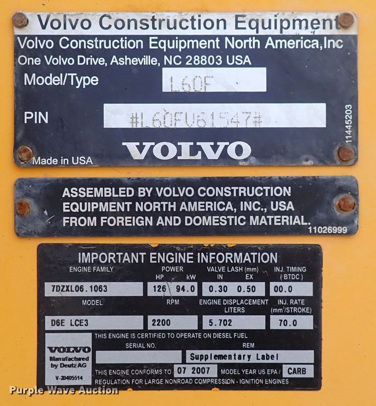 image for item DP4614 2007 Volvo L60F  wheel loader