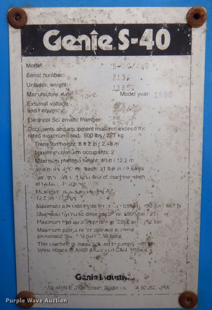 image for item DP5438 1998 Genie S40  boom lift