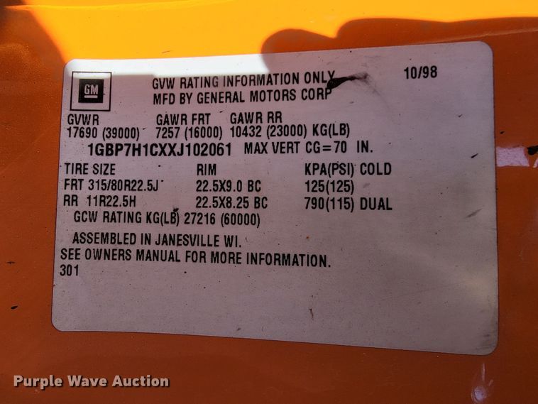 image for item JL9627 1999 Chevrolet C7H042  dump truck