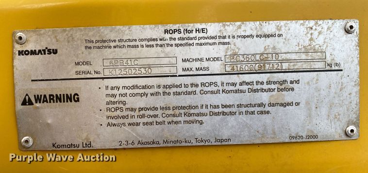 image for item JN9290 2012 Komatsu PC360LC-10  excavator