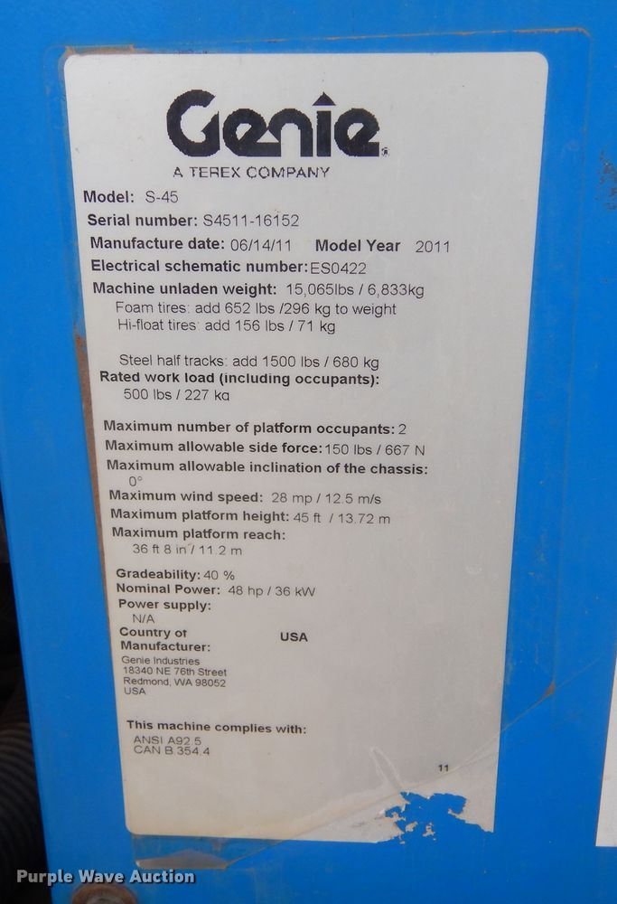 image for item KT9097 2011 Genie S45  boom lift