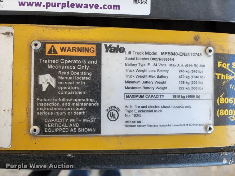 image for item KT9776 Yale MPB040-EN24T2748  electric pallet jack