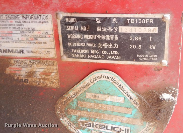 image for item MY9011 2007 Takeuchi TB138FR  mini excavator