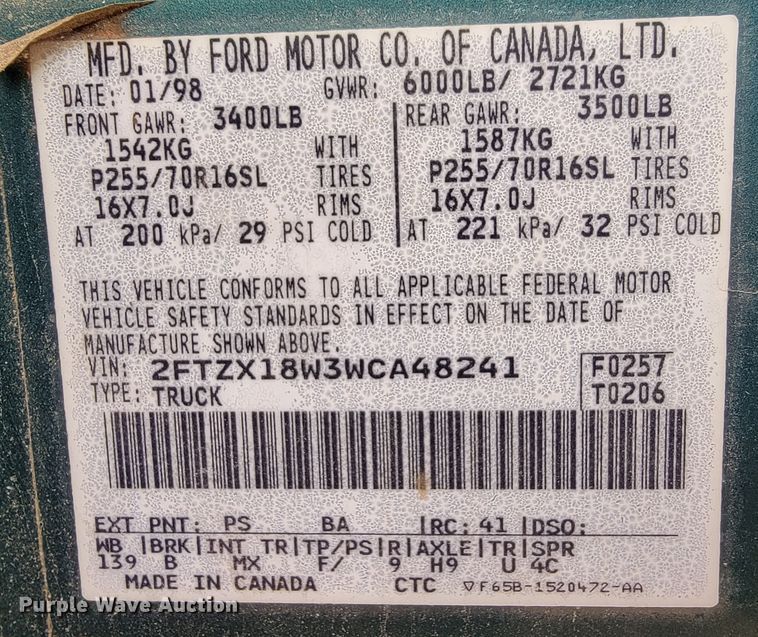 image for item JL9662 1998 Ford F150  SuperCab pickup truck