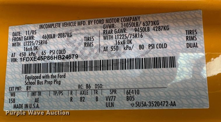 image for item KG9868 2007 Ford E450  school bus