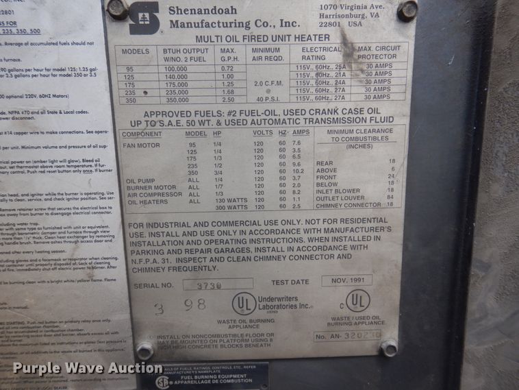 image for item MU9548 Shenandoah 235  oil furnace